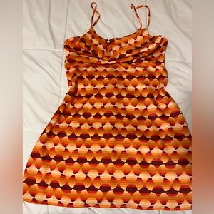 Urban outfitters: mini satin orange print zip up dress | size: large